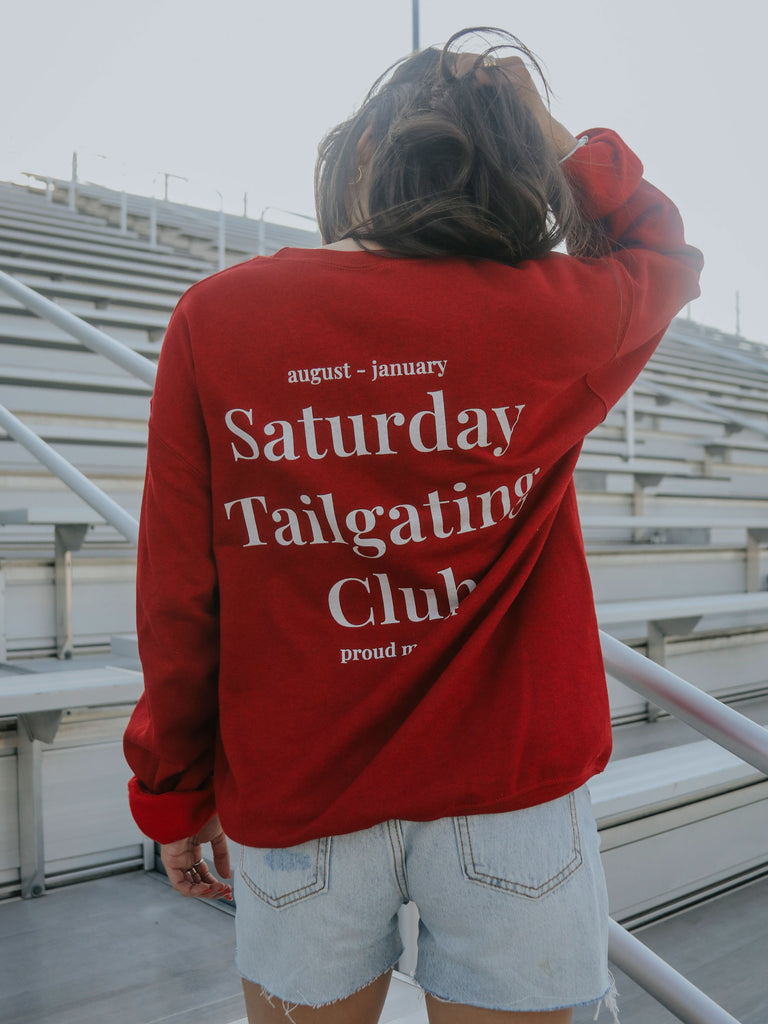 SATURDAY TAILGATING CLUB RED SWEATSHIRT (front + back)