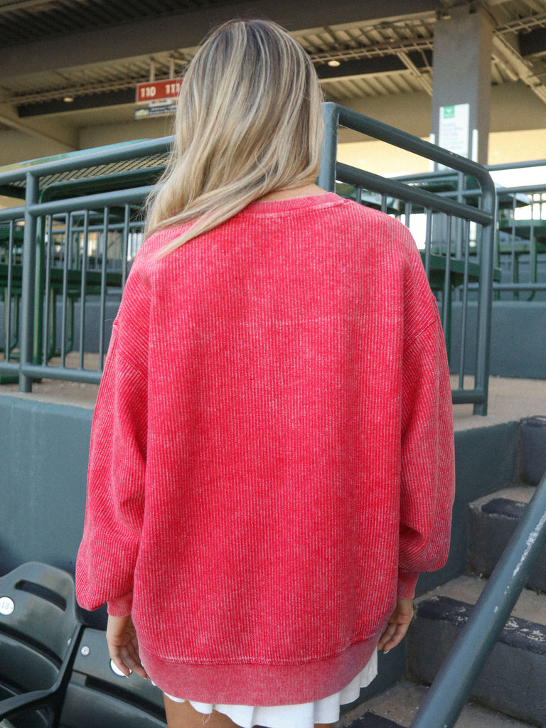 HEY BATTER BATTER RED CORDED SWEATSHIRT